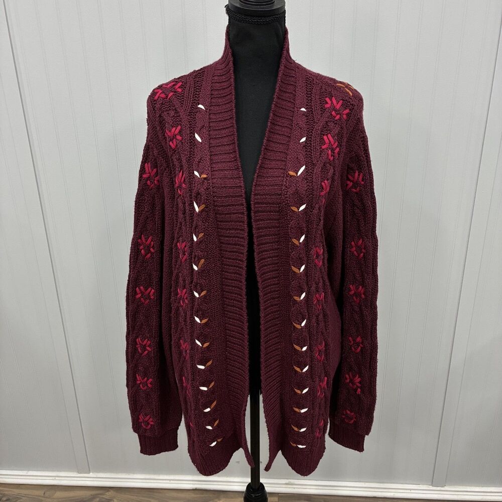 Shyanne Women XL Burgundy Embroidered Cable Knit Cardigan Sweater Boho Western